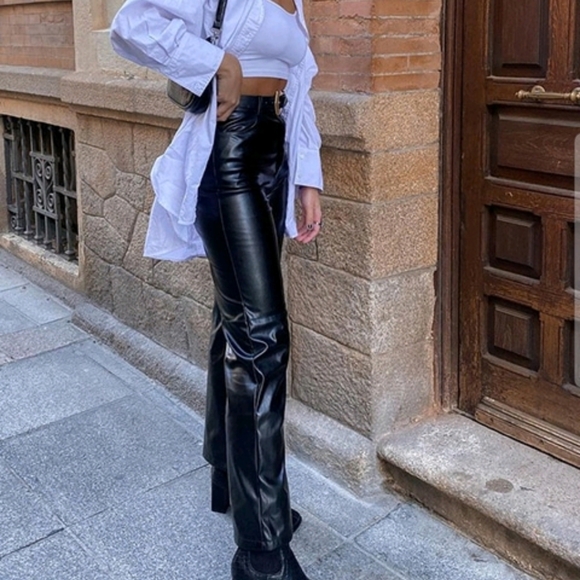 BLACK PU LEATHER PALAZZO PANTS - Picture 3 of 8